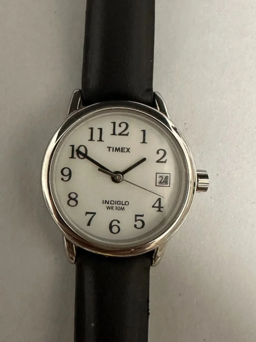 Timex Indiglo Watch Women Silver Tone Black Leather Band New Battery 8.5
